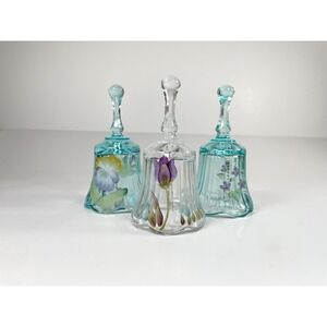 Vintage Fenton Scalloped Clear Blue Bells Floral Hand Painted Signed set of 3